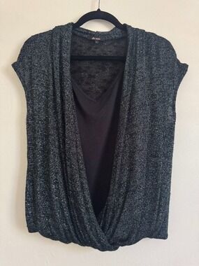 Ella Moss Faux Wrap Top with Built-in Cami, Black & Silver, Size Large